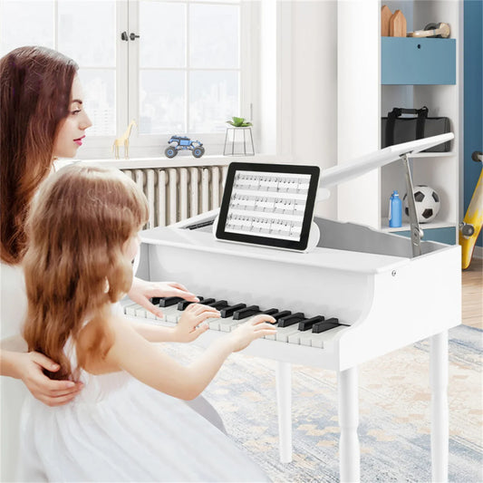 🎹 White 30-Key Kids Grand Piano – Wooden Toy Piano with Bench & Music Rack 🪑